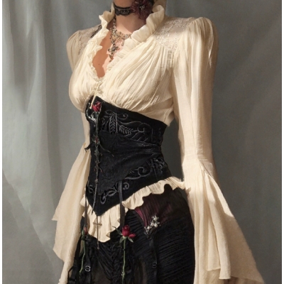 Dark V-neck court-style long-sleeved top, 2025 new gothic style fashion retro shirt for women.