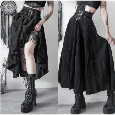 2025 Spring/Summer New Gothic Dark Style Sexy Slim Fit Lace-up Two-Way A-line Skirt for Women