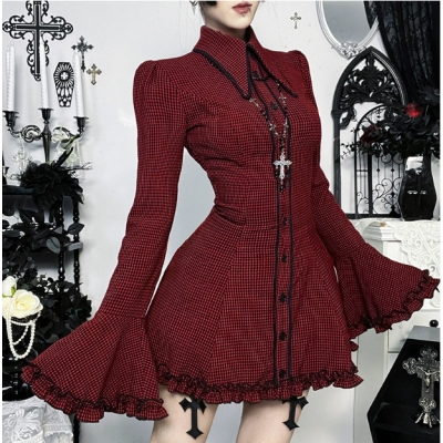 Dark plaid shirt dress, 2025 new gothic style music festival punk dress outfit.