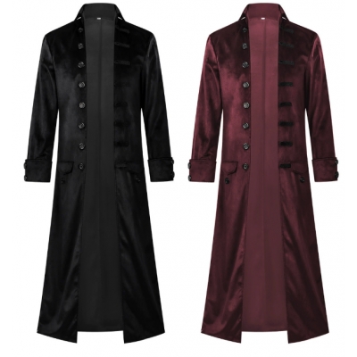 2025 Halloween Men's Overcoat, Solid Color Steampunk Suede Uniform, Long Stand Collar Stage Costume