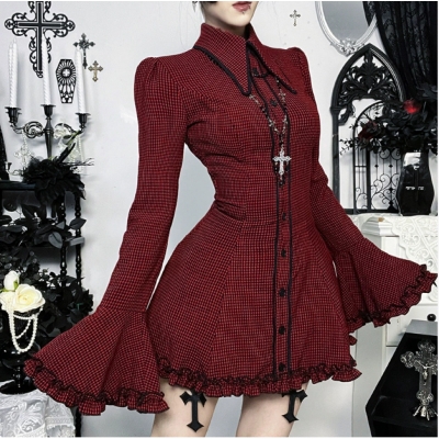 Dark plaid shirt dress, 2025 new gothic style music festival punk dress outfit.