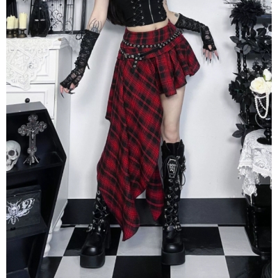 Dark-themed irregular plaid midi skirt, 2025 new gothic style, sexy and versatile.