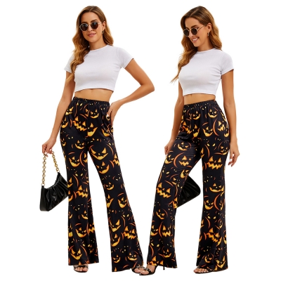 2025 New European and American Women's Halloween Bell-bottom Pants Pumpkin Bat Digital Printing Fashion Women's Trousers