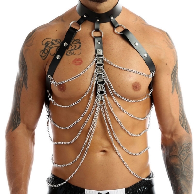 Hot sale sexy metal chain body chain chest PU leather bondage chest binder tied belt clothing spot