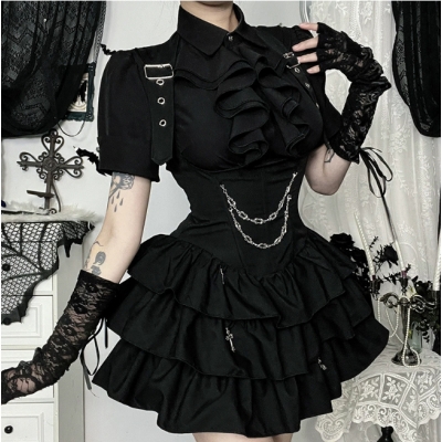 Dark Gothic style royal sister temperament ruffle dress 2025 new personality punk short skirt female