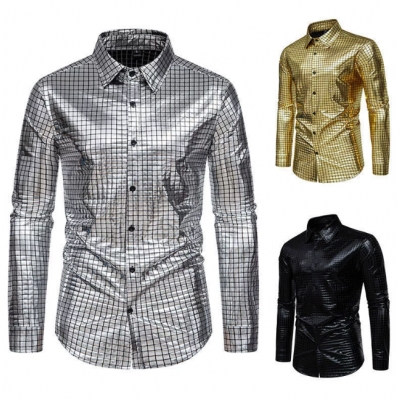 2025 new checkered gold-stamped stage costume banquet fashion men's long-sleeved shirt