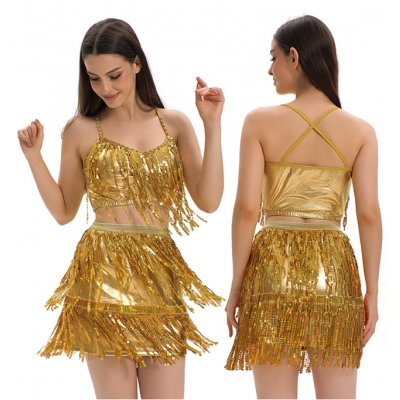 New European and American adult female Latin dance sequined tassel skirt dance stage performance costume sexy suspender skirt suit