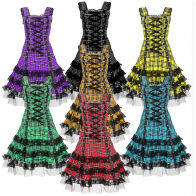 Gothic style cross tie slim lace dress short medieval role play costume