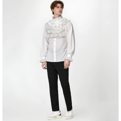 2025 European and American new fashion Gothic ruffled stand collar long sleeve men's tie shirt pleated cuffs men's shirt