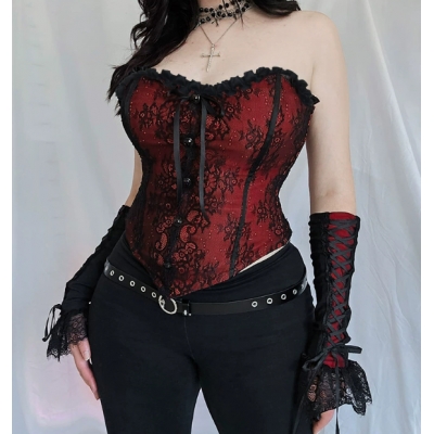Dark red lace fishbone tube top Sexy hot girl lace waist slimming strap top for women
