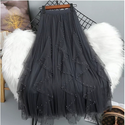 Women's mesh skirt beaded irregular stitching medium-length irregular skirt