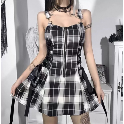 Hot girl temperament slim plaid dress Fashion casual sexy zipper design short skirt for women