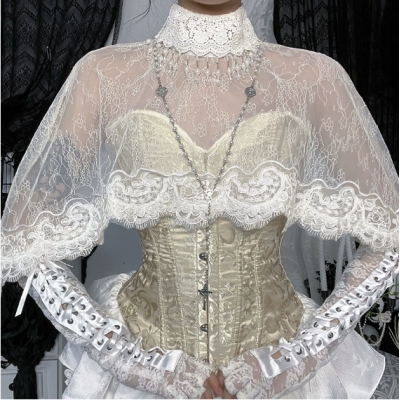 Dark stand collar cape short top 2025 new gothic style pure sweet spicy lace blouse for women