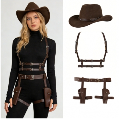 Dark Catwoman Style Sexy Outfit with Cross-Shoulder Strap, Mask, and Gun Holster - Party Cosplay Costume