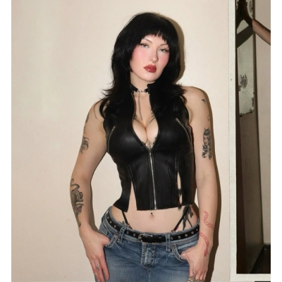 Dark-themed hippie hot girl leather vest, 2026 new gothic style street style versatile camisole.