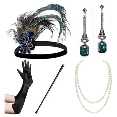 1980s Gatsby party dress and suit, green peacock feather headdress, and boutonniere headband accessories