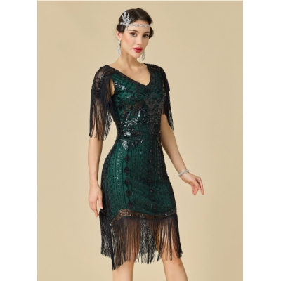 Sequined short-sleeved evening dress, 1920s vintage Gatsby ball dress, tassel plus size dress