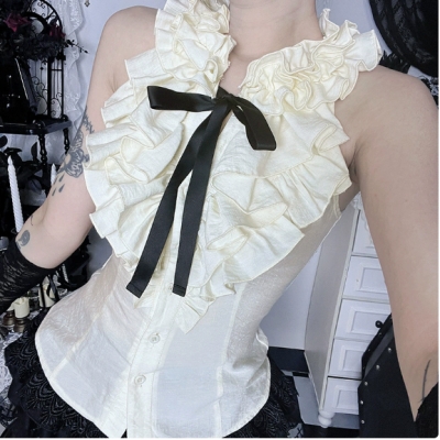 Dark retro ruffled collar vest, 2026 new gothic style butterfly sleeveless top for a sexy and alluring look.