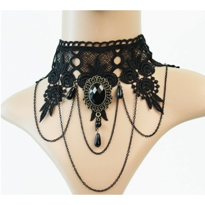 European and American style tassel pearl vintage necklace, black lace necklace, Halloween accessory