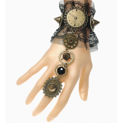 New European and American style lace gear watch bracelet and ring integrated chain; Halloween punk studded bracelet.