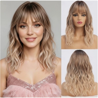 Long, wavy, gradient gold wig with bangs, mid-length gold synthetic fiber wavy edge wig for everyday wear.
