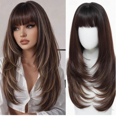Brown women's bangs wig, wavy brown long wig, 26-inch layered brown wig