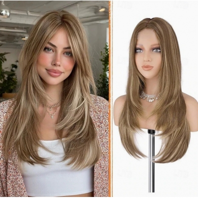 Brown blonde wig with bangs, mid-length layered natural straight synthetic wig, everyday style, 24 inches.