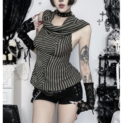 Dark-themed 2026 new wasteland-inspired off-shoulder turtleneck backless hooded vest top for women.
