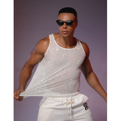 European and American style men's fishnet back hollow suspender vest men's sexy see-through sequin disco outfit nightclub performance costume