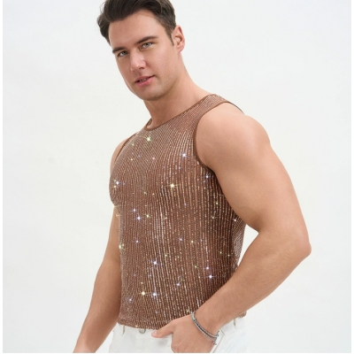 European and American spring/summer party rhinestone sequin menswear nightclub music festival trendy versatile sleeveless base layer