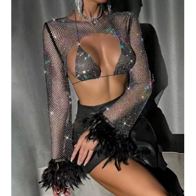 Fishnet rhinestone see-through sexy crop top for women, European and American style, nightclub party, feather long-sleeved vest top, tank top