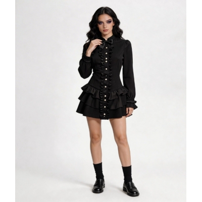 Black Gothic Dress, Halloween Retro Vampire Cosplay, Renaissance Long-Sleeved Dark Mini Skirt