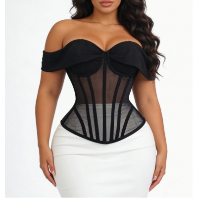 Summer off-shoulder corset, breathable mesh evening dress, waist-cinching shaping top, women's herringbone corset