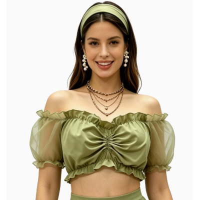 A mesh, puff-sleeved, off-the-shoulder cropped top that can be paired with a Dirndl skirt for a German Oktoberfest party outfit.